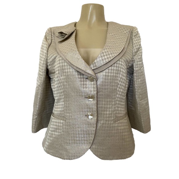 Armani Collezioni Blazer Jacket Ruffle Neck Metallic Beige 3 Button 3/4S… - Picture 1 of 9